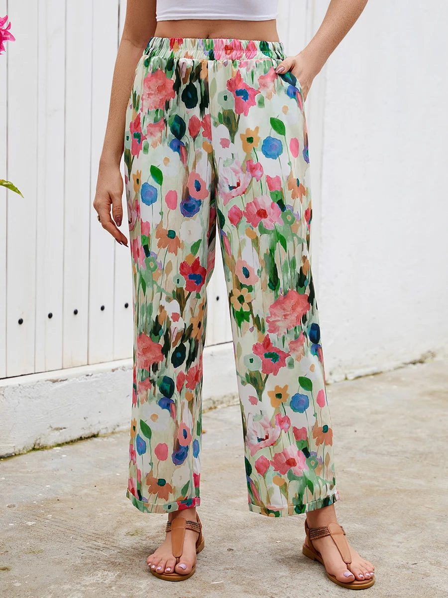 Latest Chic Women's Casual Floral Print Loose Wide Leg Pants Elastic Waist Straight Trousers For Daily Wear Boho Style Outfits