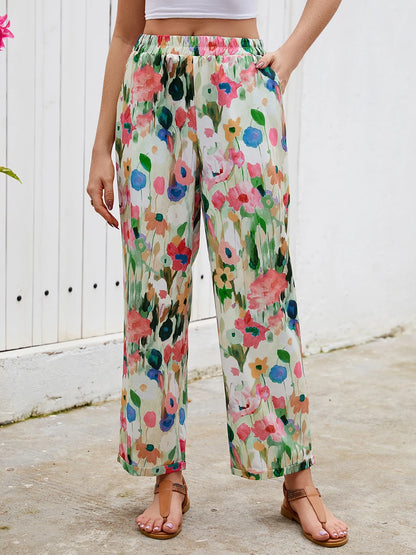 Latest Chic Women's Casual Floral Print Loose Wide Leg Pants Elastic Waist Straight Trousers For Daily Wear Boho Style Outfits