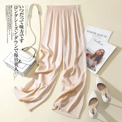 Summer Women Pants Ice Silk Triacetate Pants Lady Baggy Versatile Elastic Straight Leg Trousers Female Wide Leg High Waisted Pan
