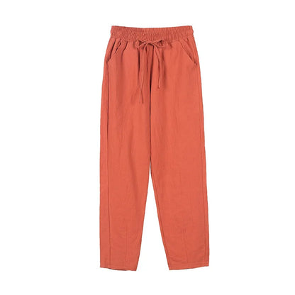 Women Pants Spring Autumn Ankle Length Casual Straight Pencil Solid Elastic Waist Harem Girls Pants Thin Cotton Linen Trousers