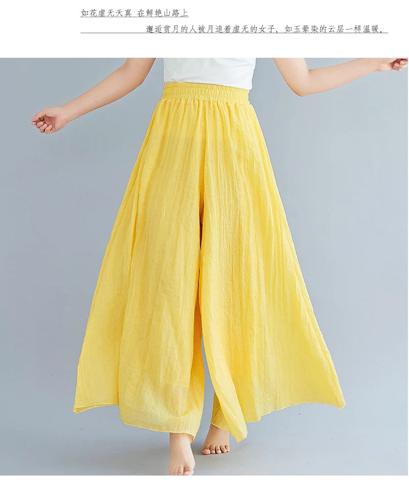 Cotton Linen Wide Leg Pants for Women Summer Casual Loose Pants High Waist Big Swing Skirt Capris Women Clothing PT-565