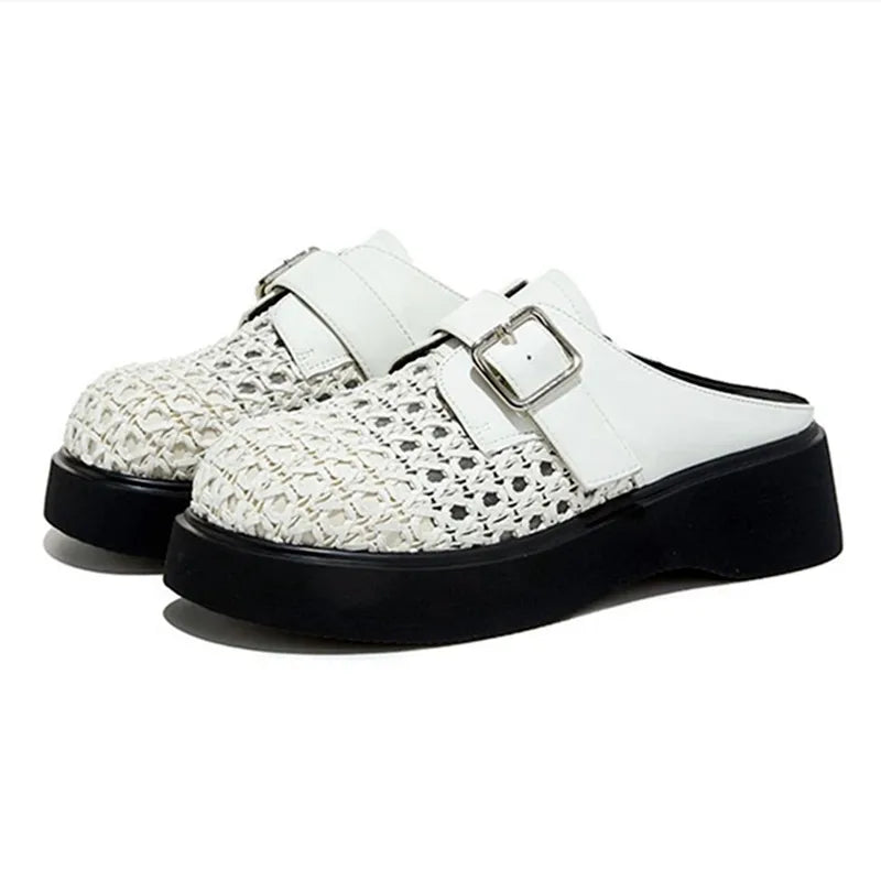 High Quality Leather Mesh Mules Slippers Women Openwork Design Wedge Heeled Sandals for Girls Summer Comfortable Beach Shoes