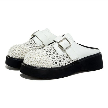 High Quality Leather Mesh Mules Slippers Women Openwork Design Wedge Heeled Sandals for Girls Summer Comfortable Beach Shoes