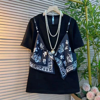 Summer Fake Two Piece Women O Neck Short Sleeve T Shirts Chic Silk Scarf Camisole Top Fashion All-match 2xl Oversized Clothing