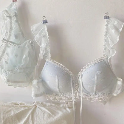 Japanese Kawaii Lingerie Set Small Chest, Sweet Heart Print Wireless Bralette & Panty Set Comfortable Anti-Sagging Bra for Women