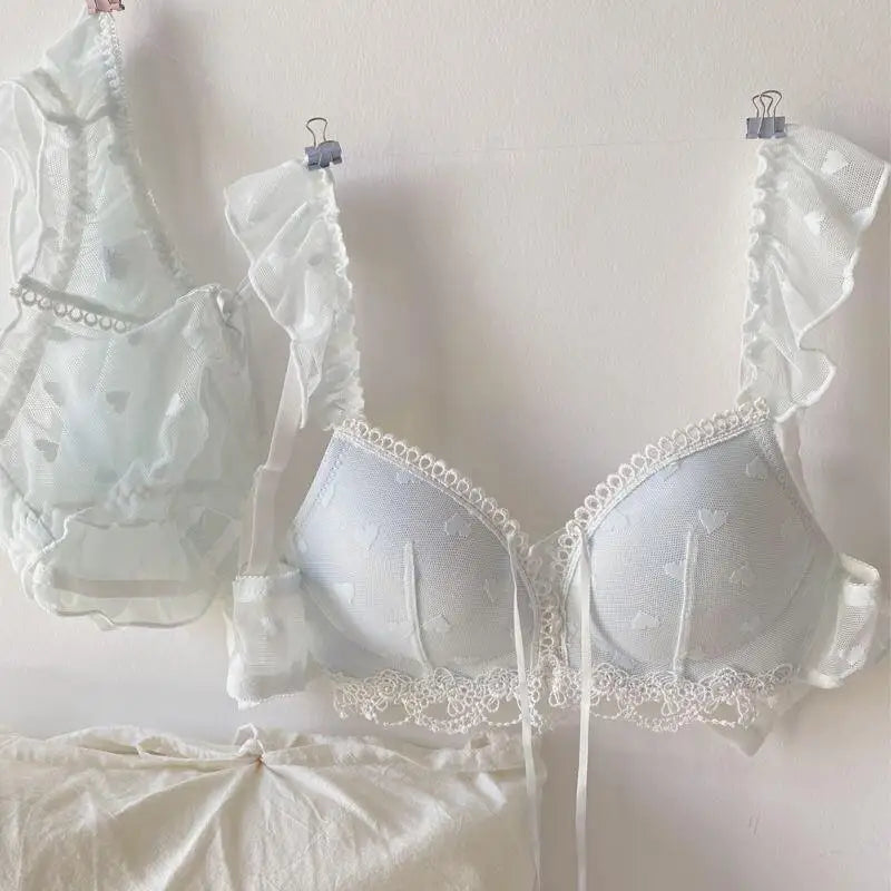 European Style Japanese Lingerie Set, Sweet Heart Pattern Bralette Small Breasts, Comfortable Wireless Anti-Sagging Bra & Brief