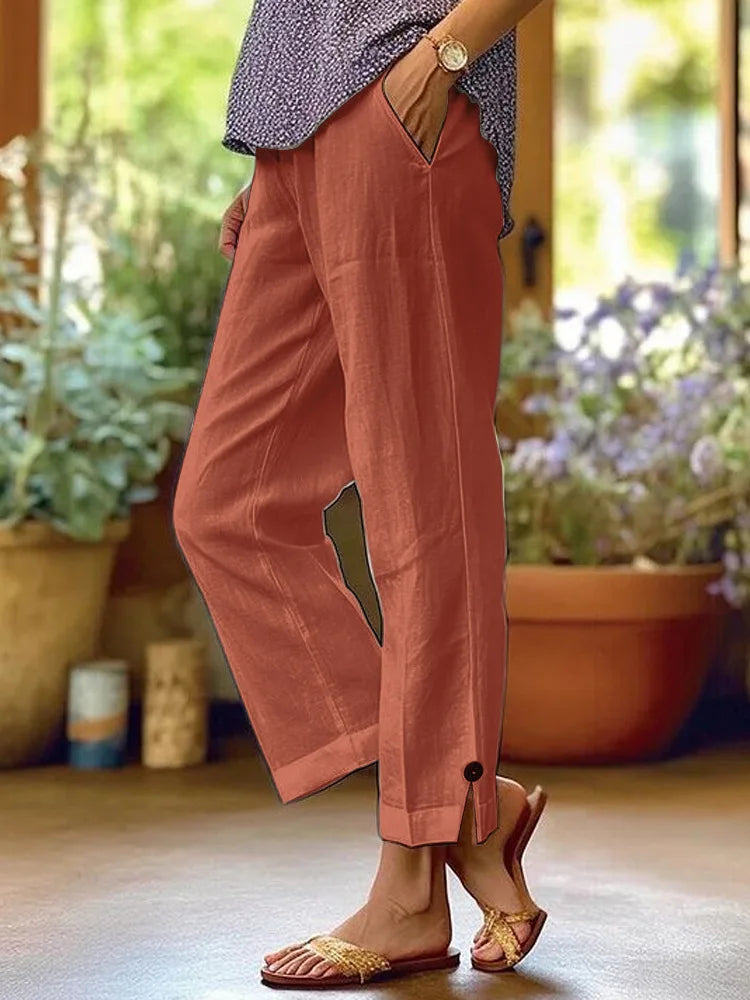 Women's Casual Pants Cotton and Linen Blend Elastic Waist Pocket Fashion Simple Slit Button Basic Versatile Straight Leg Pants