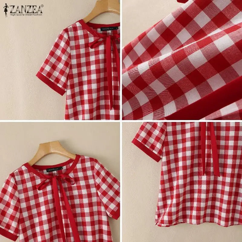 ZANZEA Women Summer Blouses Short Sleeve Blusas Elegant Office Work Tee Casual Plaid Tops O Neck Streetwear Oversize Tunic