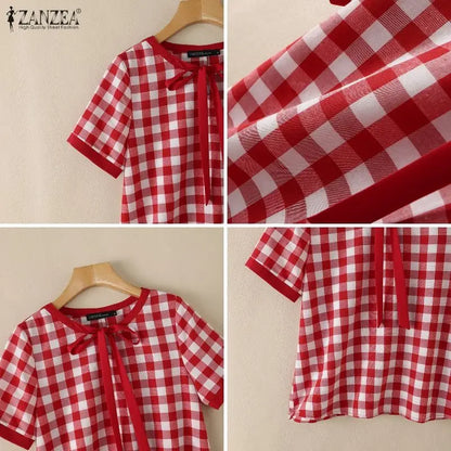 ZANZEA Women Summer Blouses Short Sleeve Blusas Elegant Office Work Tee Casual Plaid Tops O Neck Streetwear Oversize Tunic