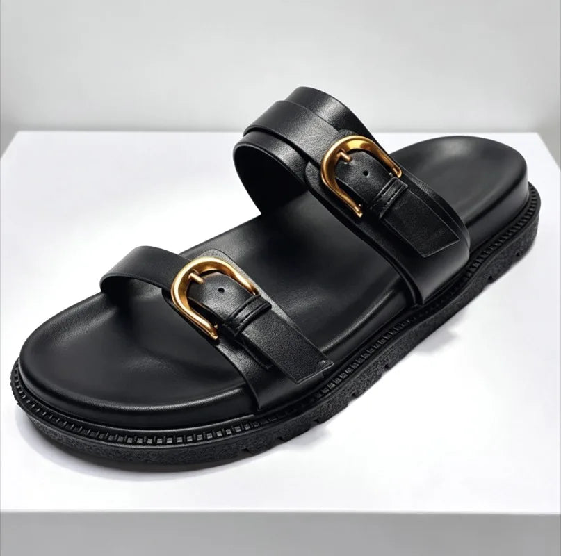 Fashion Open Toe Buckle Platform Sandal Round Toe Narrow Band Flat Sandals Women Summer Non-slip Comfortable Vacation Beach Shoe