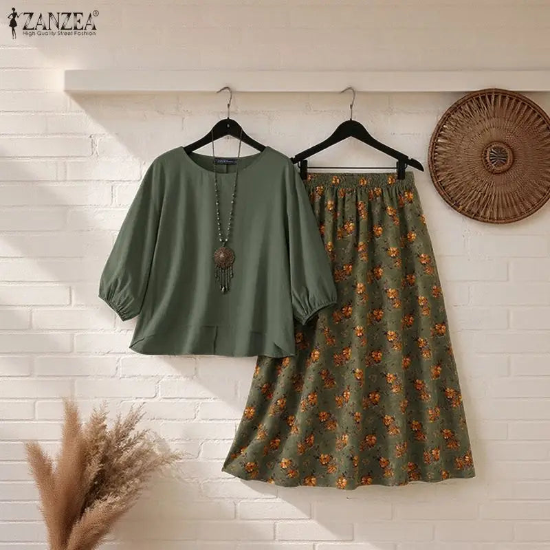 ZANZEA Autumn Bohemian Outfits Women 2 Pieces Sets 3/4 Lantern Sleeve Blouse Floral Print A-Line Maxi Skirt Casual Holiday Suit