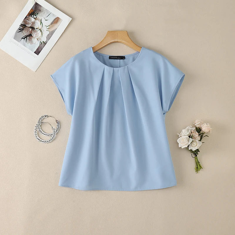 ZANZEA Women Summer Short Sleeve Blouses Casual Chic O-Neck Pleated Front Solid Color Tops Minimalist Loose Blusas de Mujer