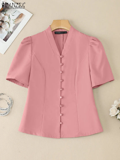 ZANZEA Elegant Women's Blouses 2025 Summer V-Neck Button Up Short Puff Sleeve Shirts Classy Fitted Waist Woman Clothing S-3XL