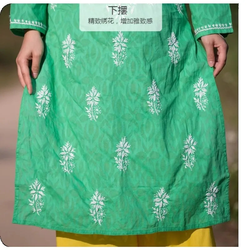Women's Embroidered Kurti Indian/Pakistani Tunic Top Spring Summer Thin Traditional South Asian Dress Top Green Blouse Cotton