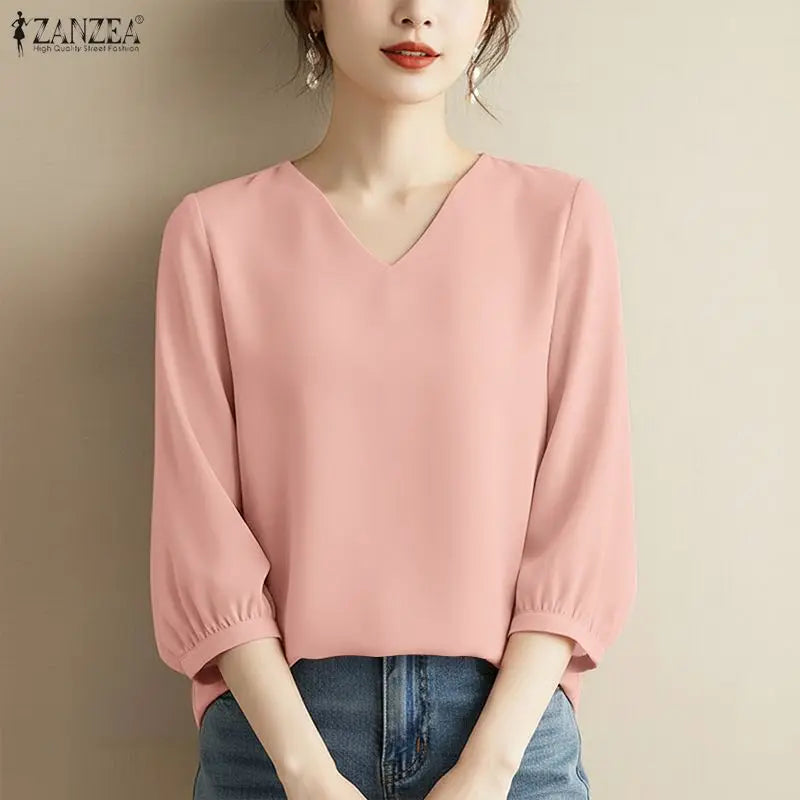 ZANZEA Summer Woman Elegant Daily Casual Blouses 3/4 Puff Sleeve V-Neck Solid Color Blusas de Mujer Minimalist Day Wear Tops