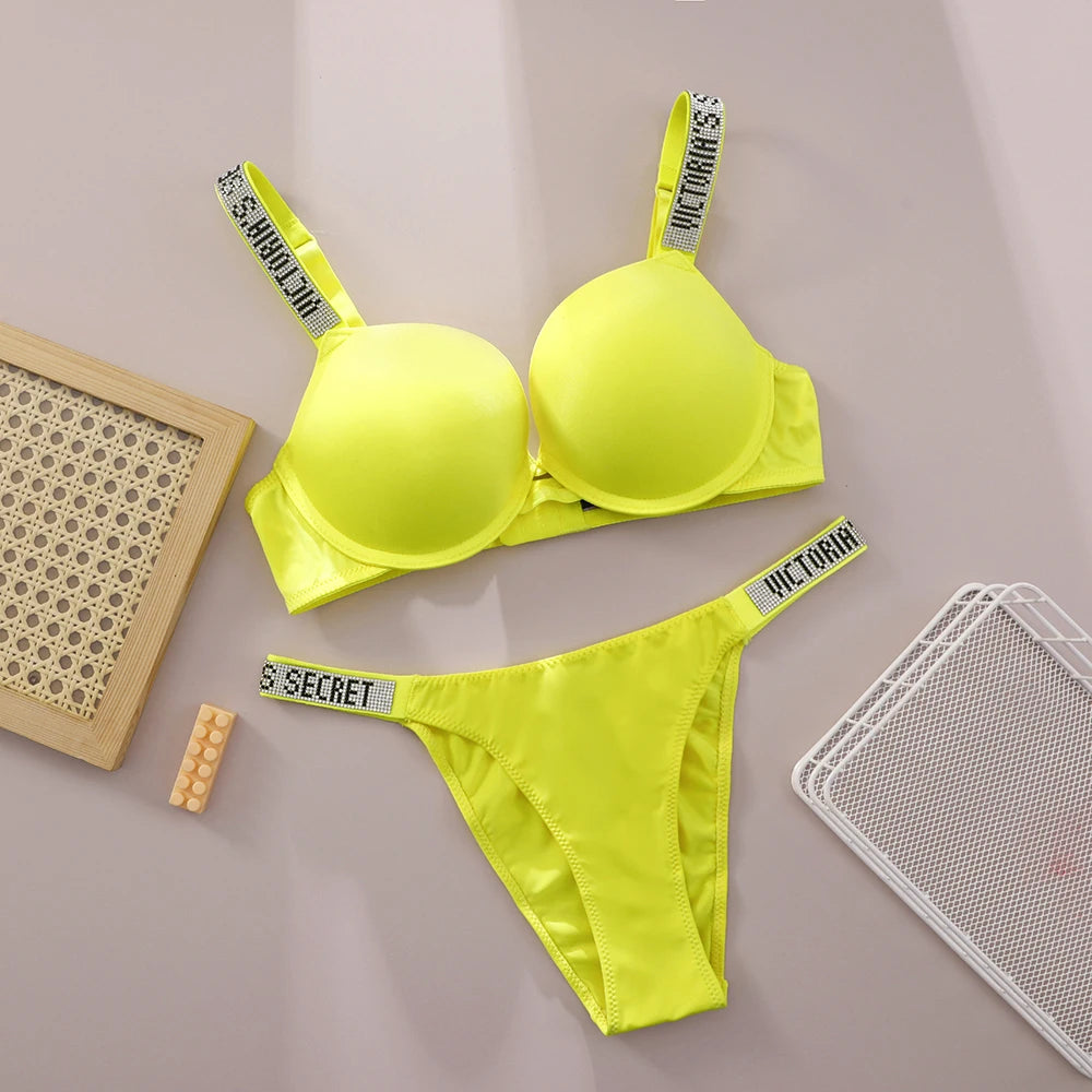 Victoria Secret Shine Script Thong Panty Very Sexy Logo Shine Strap Push Up Bra Set Sexy Women Lingerie Hot