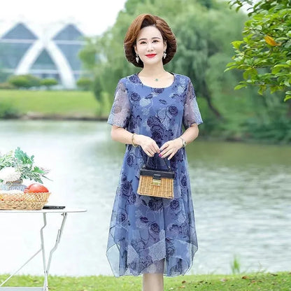 Women Summer Casual Dress Ladies Middle-aged Print Short Sleeve Pleated Dresses Female Vintage Mesh Yarn Floral Dress Vestidos