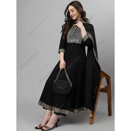 Indian Pakistani Women Black Rayon Kurta Pant Set with Dupatta Ethnic Embroidery 3 Piece Suit Traditional Anarkali Salwar Kameez