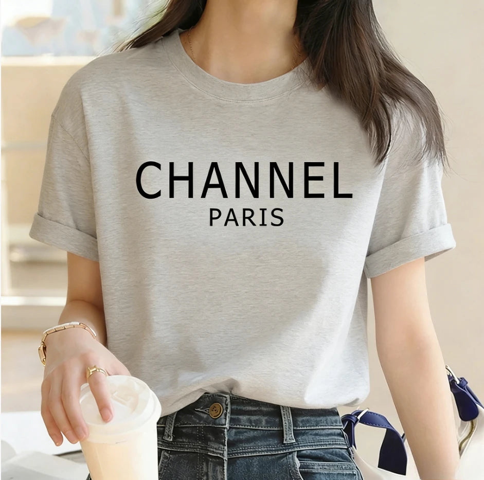 Luxury Brand Machine Washable Womens Casual Elegant Fashion CHANNEL Graphic T-shirt O-Neck Short Sleeve Top Women's Clothing