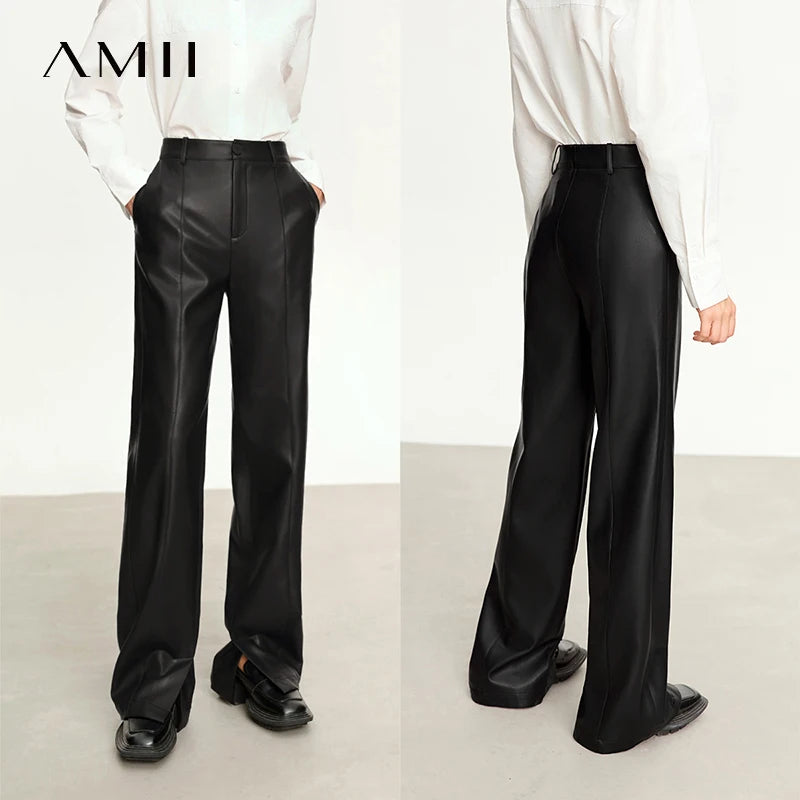 AMII Minimalist PU Leather Casual Pants for Women 2025 Autumn New Loose Floor Length Straight Slit Female Trousers 12343250