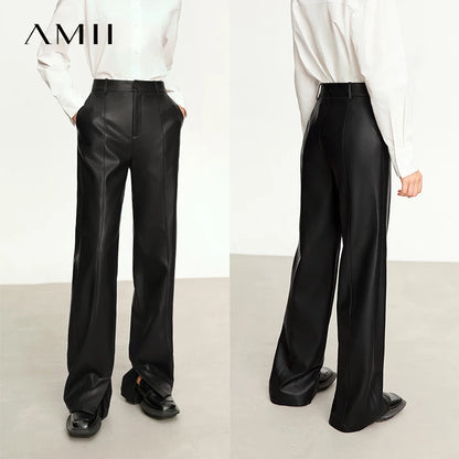 AMII Minimalist PU Leather Casual Pants for Women 2025 Autumn New Loose Floor Length Straight Slit Female Trousers 12343250