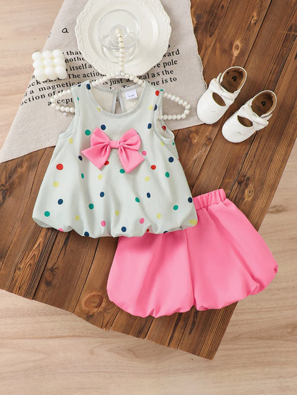 Baby Girl's Colorful Polka Dot Print Sleeveless Bloomer Top with Butterfly Knot And Pink Bloomer Shorts Summer Cute Style Set