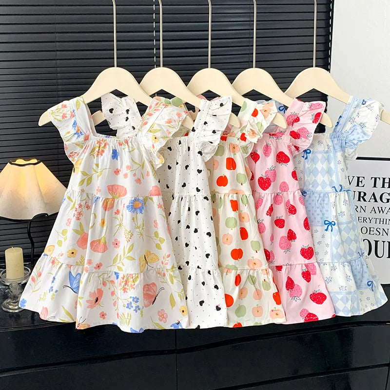 2026 Summer Girls Flutter Sleeve Dress Kids Printed Tiered Princess Dresses for 1-12Y Children Vacation Clothes
