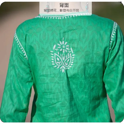 Women's Embroidered Kurti Indian/Pakistani Tunic Top Spring Summer Thin Traditional South Asian Dress Top Green Blouse Cotton
