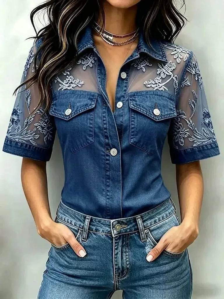 New Ladies Casual Loose Faux Denim Patchwork Collar Top Comfortable Breathable Fashionable Women's Loose Fit Shirt