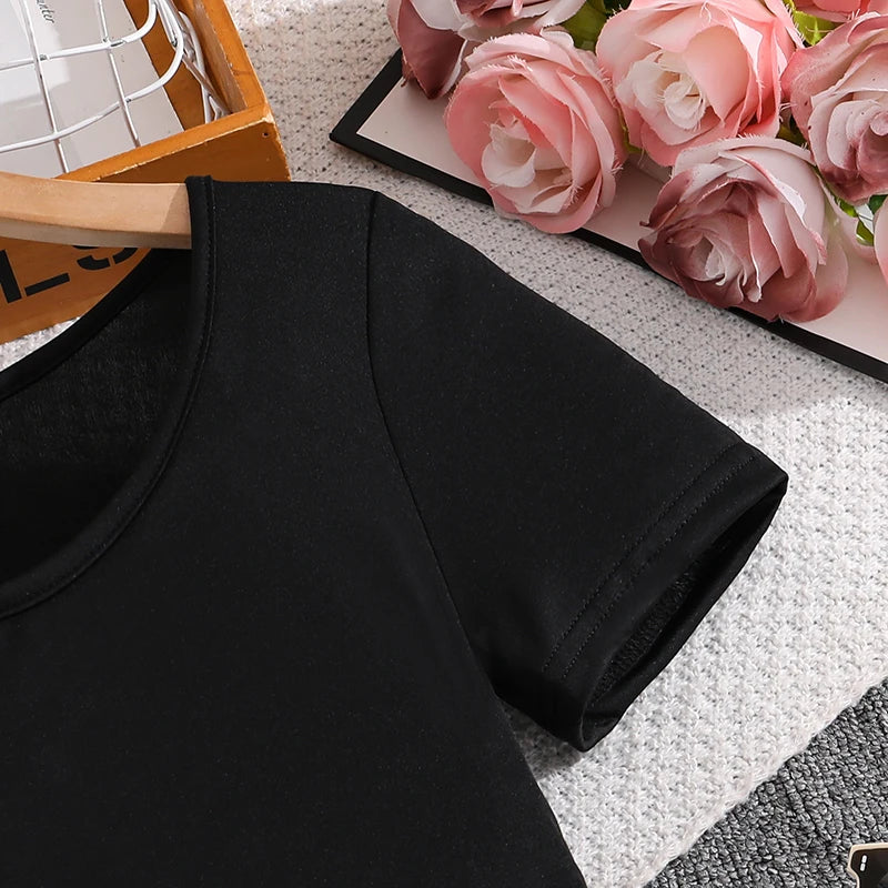 Girls 8-12 Black & White Floral Dress, Front Crew Neck Short Sleeve Belted Skirt/Back Plain Top & Skirt, Casual Daily Kids Dress