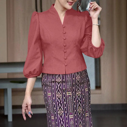 ZANZEA Women's Elegant Princess Seams Short Shirts V-Neck 3/4 Puff Sleeve Button Up Solid Color Tops Classy Party Woman Clothes