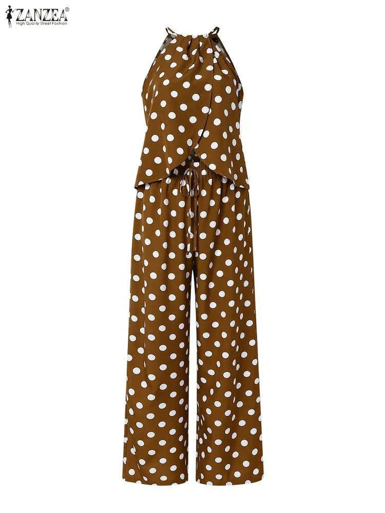 Stylish Women 2 Pieces Sets ZANZEA  Polka Dots Holiday Outfits Summer Halter Sleeveless Tanks Tops Beach Pant Sets Streetwear
