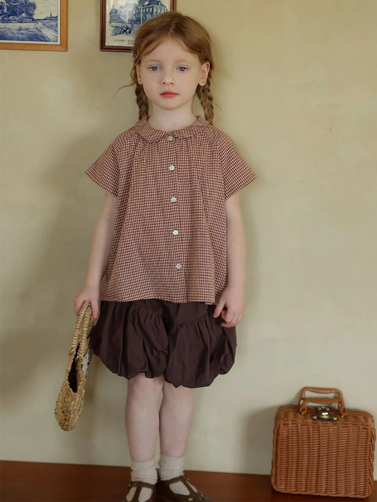 Kids Girl Summer Shirt 2026 Korean Inspired Plaid Peter Pan Collar Short Sleeve Blouse Cute Casual Top for Baby Toddler
