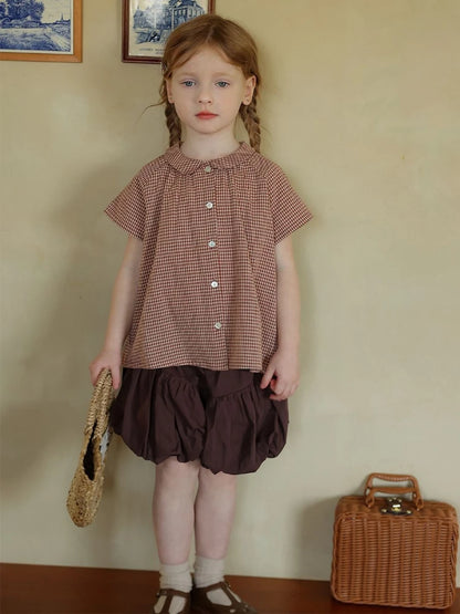 Kids Girl Summer Shirt 2026 Korean Inspired Plaid Peter Pan Collar Short Sleeve Blouse Cute Casual Top for Baby Toddler