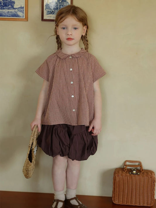 Kids Girl Summer Shirt 2026 Korean Inspired Plaid Peter Pan Collar Short Sleeve Blouse Cute Casual Top for Baby Toddler
