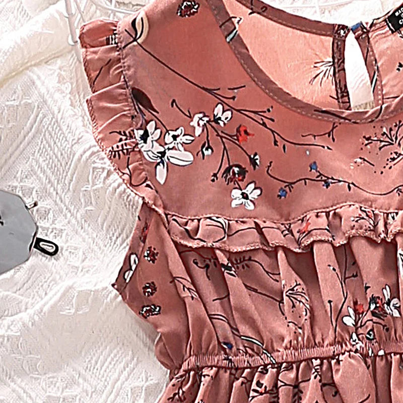 Summer Girl next Door Dress round Neck Sleeveless Floral Print Ruffled Hem Knee Length Skirt Sweet Cute Everyday Vacations