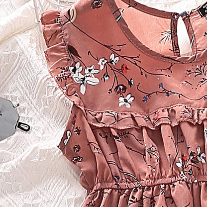 Summer Girl next Door Dress round Neck Sleeveless Floral Print Ruffled Hem Knee Length Skirt Sweet Cute Everyday Vacations