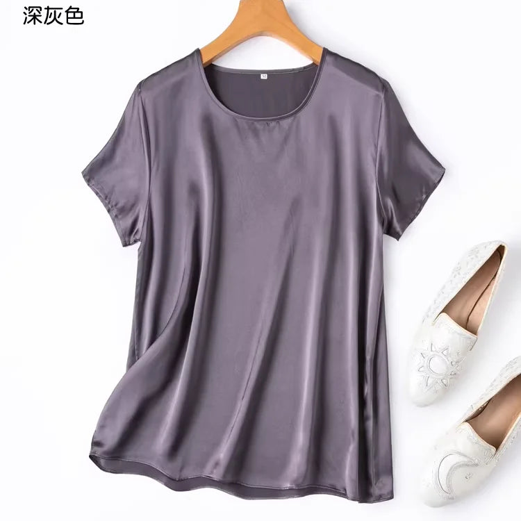 ZVAQS 100% Mulberry Silk T Shirts Woman Elegant Satin T Shirt 27 Colors High Quality Silk Summer Tops 2025 Women Clothing Топ