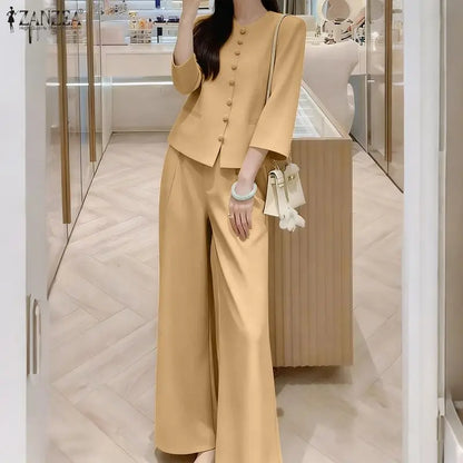 ZANZEA Fashion Women Pant Sets Spring 2 Pieces Sets Outfits 3/4 Sleeve Shirt Wide Leg Trousers Elegant Solid OL Work Tracksuit