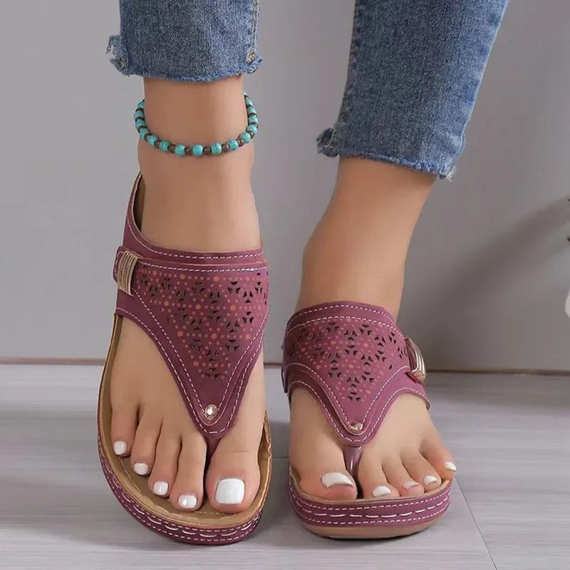 Summer Women's Wedge Sandals 2026 Clip Toe Orthopedic Arch Support Sandals Woman Pu Leather Non-Slip Soft Platform Flip Flops