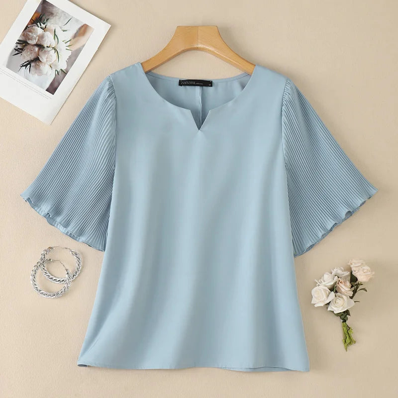 ZANZEA Woman Elegant Pleated Half Sleeves Patchwork Blouses V-Neck Solid Color Tops 2026 Summer Office Work Commute Blusas Mujer
