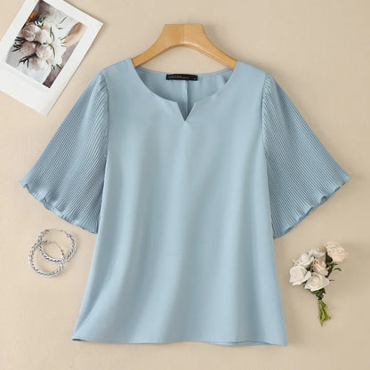 ZANZEA Woman Elegant Pleated Half Sleeves Patchwork Blouses V-Neck Solid Color Tops 2026 Summer Office Work Commute Blusas Mujer