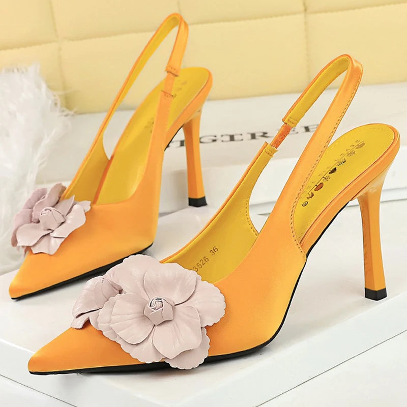 BIGTREE Shoes Color Blocked Flowers Women Pumps Silks Satins High Heels Hollow Out Hook Strap High Heeled Sandals Stiletto Heels