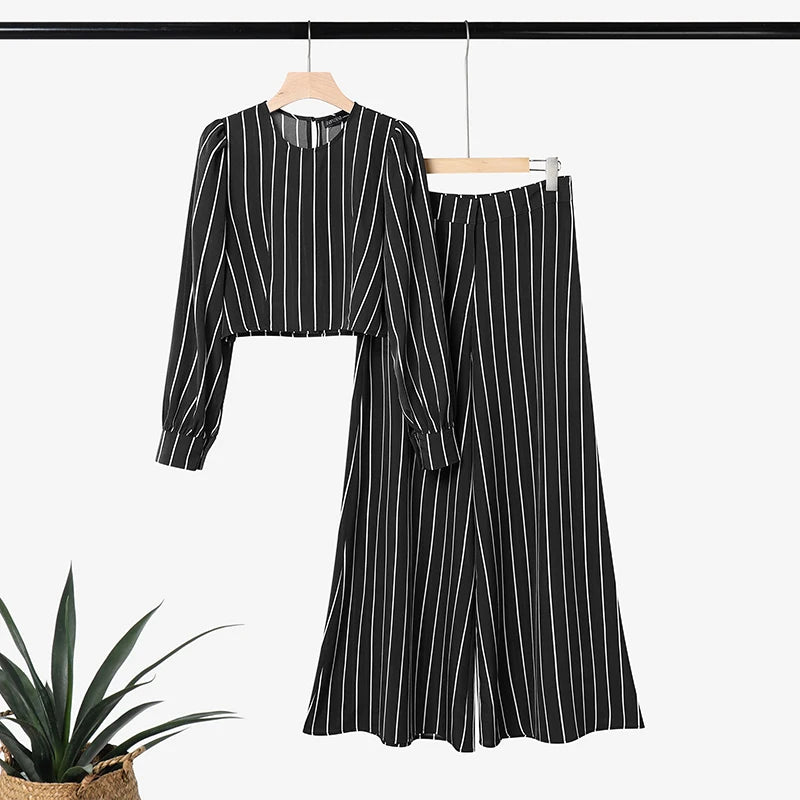 ZANZEA Autumn 2PCS Outfits Striped Work Pant Sets Stylish Women O Neck Long Sleeve Cropped Tops Wide Leg Trousers Matching Sets
