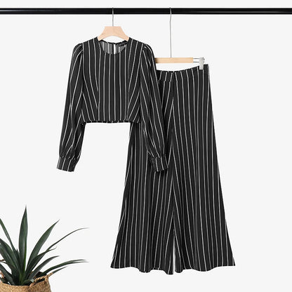 ZANZEA Autumn 2PCS Outfits Striped Work Pant Sets Stylish Women O Neck Long Sleeve Cropped Tops Wide Leg Trousers Matching Sets