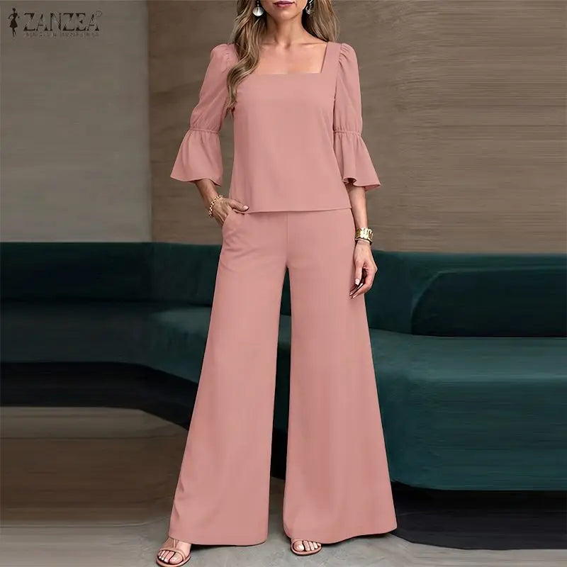 ZANZEA Fashion 2PCS Women Square Neck 3/4 Flare Sleeve Blouse Wide Leg Pant Sets Elegant Solid OL Work Outfit 2 Pieces Sets 2026