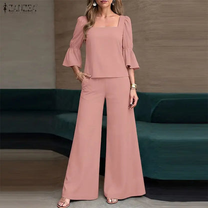 ZANZEA Fashion 2PCS Women Square Neck 3/4 Flare Sleeve Blouse Wide Leg Pant Sets Elegant Solid OL Work Outfit 2 Pieces Sets 2026