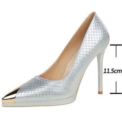 BIGTREE Shoes Embossed Patent Leather Women Pumps Metal Pointed Tip High Heels Sexy Party Shoes Stilettos 11.5 Cm Heels Platform