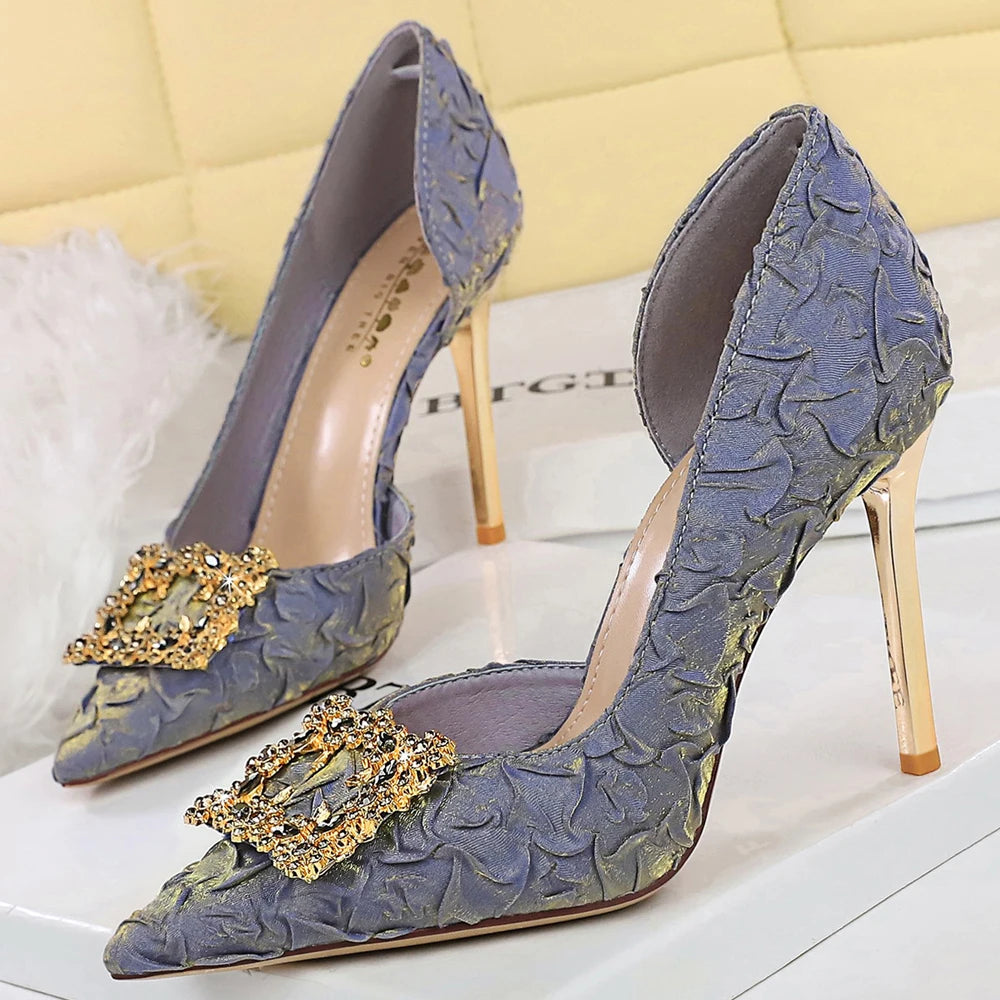 BIGTREE Shoes Rhinestone Women Pumps Silks Satins High Heels Stiletto 11 CM Metal Square Buckle Luxury Banquet Shoes Lady Shoes