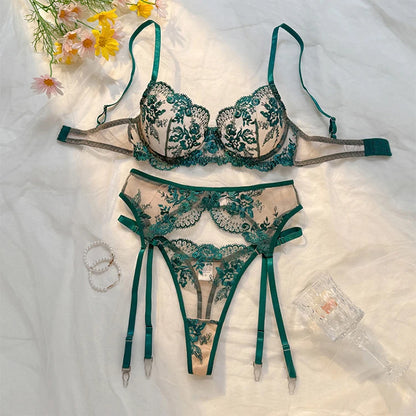Sexy Women's Lingerie Floral Embroidered Bra Set Spicy Lingerie 3 Pieces Mesh Underwear Ultrathin French Intimate Lingerie Set